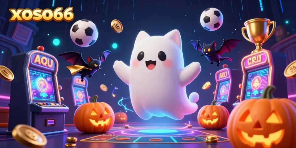 Experience thrilling gaming excitement at xoso66 with a playful ghost cat and vampire bat in a captivating casino scene.