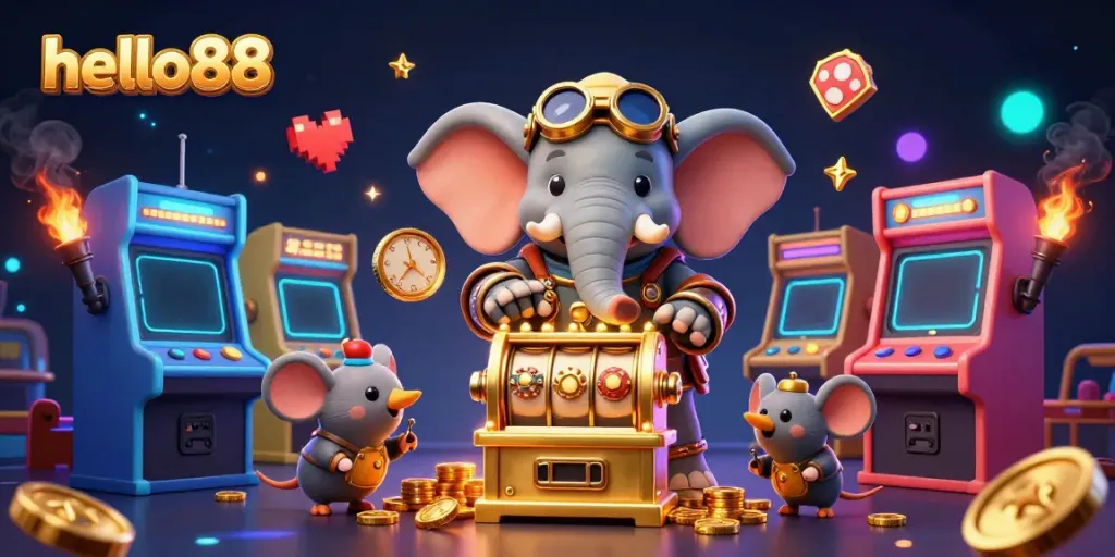 Spin the reels and win big at hello88 with this vibrant steampunk casino illustration.