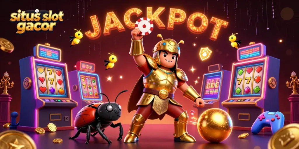 Spin the reels with situs slot gacor in vibrant 3D casino scene with colorful characters and classic game elements.