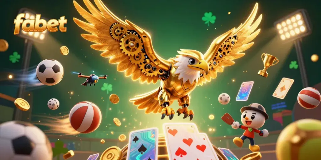 Experience thrilling sports betting action with fabet, featuring a cybernetic eagle amidst dynamic gaming elements.
