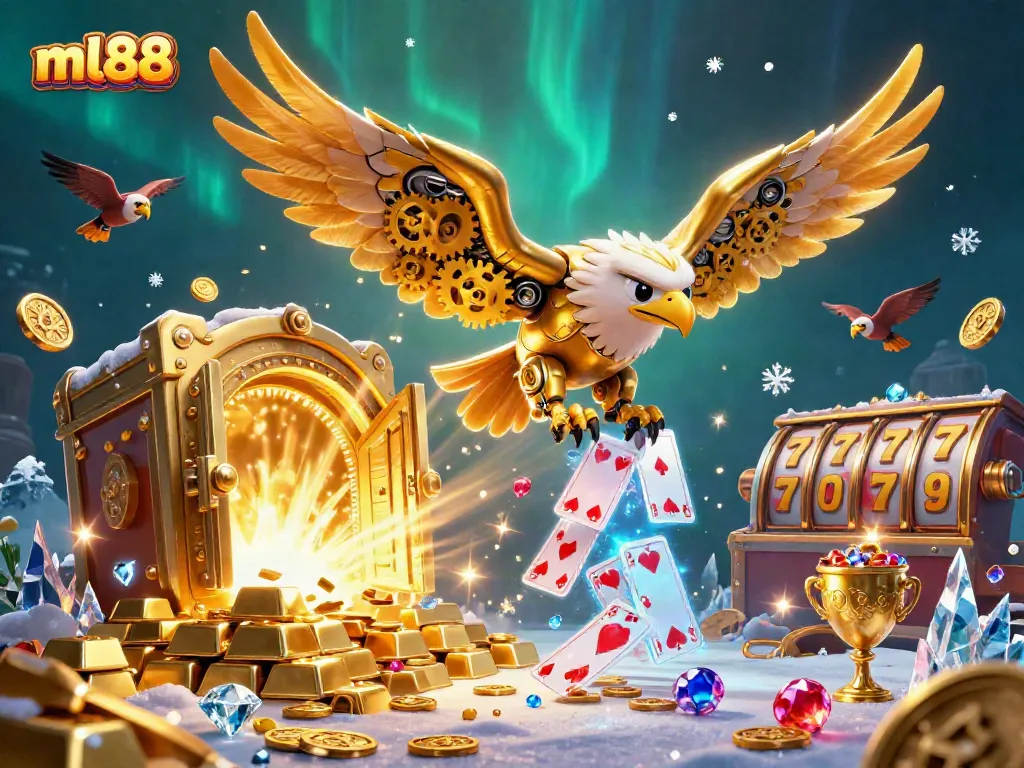Win big with ml88 in this vibrant 3D casino scene featuring treasure and holographic cards.
