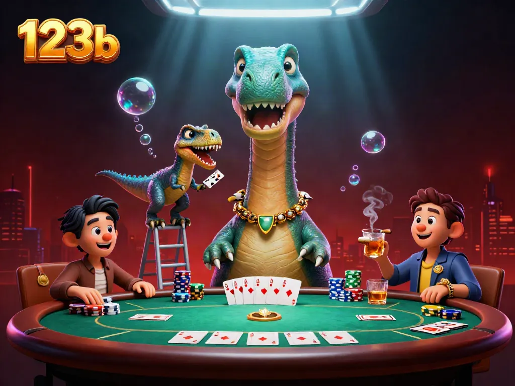 Experience 123b's engaging card gaming atmosphere with a giant brontosaurus and clever raptor dealers.