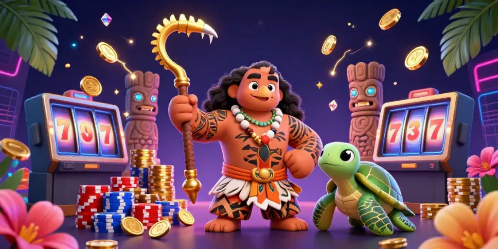 Join the b52club adventure with a demigod and turtle amid vibrant casino elements.