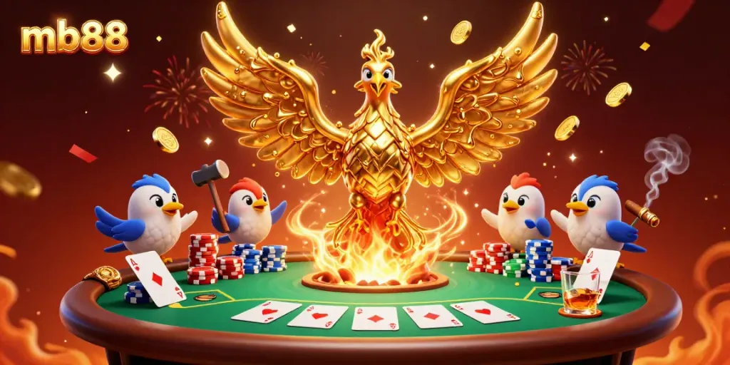 Engage with mb88, the dynamic gaming platform where a molten golden phoenix emerges from a forge amid poker-themed excitement.