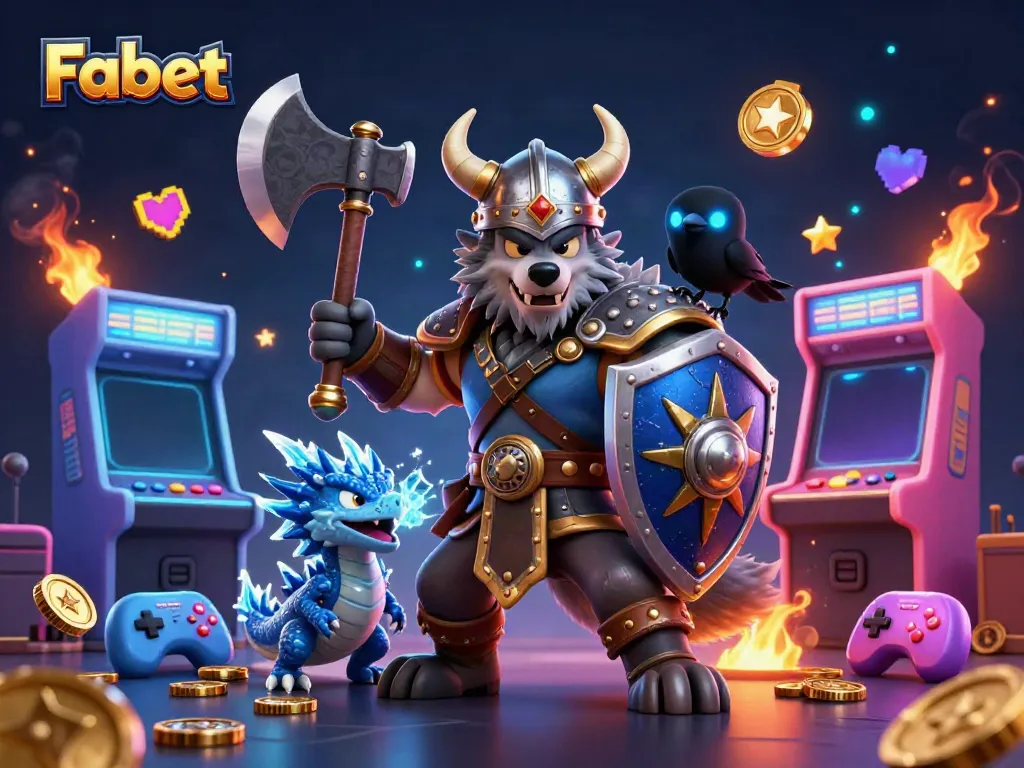 Experience thrilling gaming action with Fabet's dynamic casino scene featuring a Viking wolf warrior, dragon, and neon arcade elements.