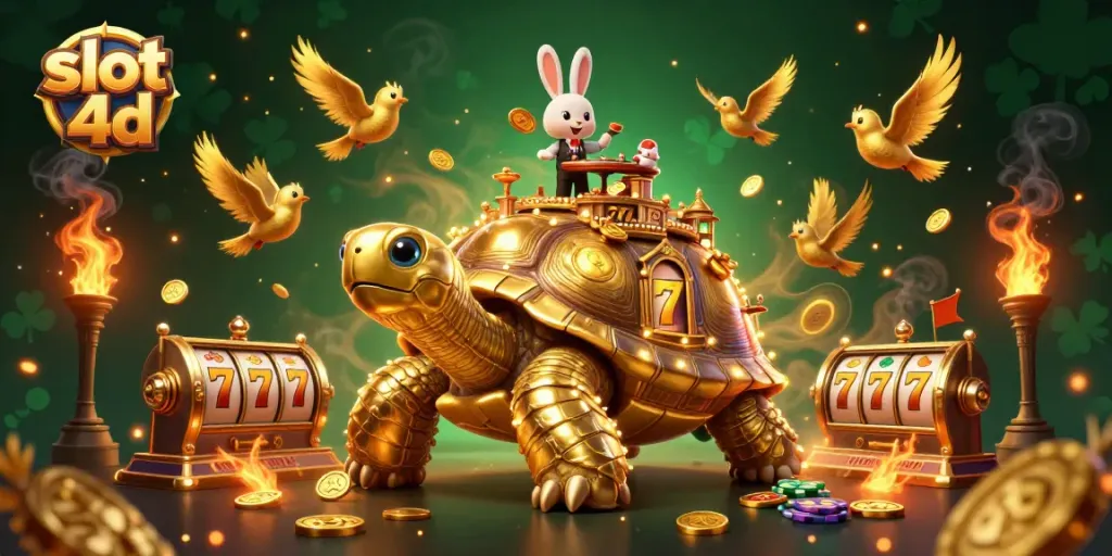 Slot 4d menampilkan dealer kelinci dan kura-kura emas megah di kasino mini, dikelilingi koin emas.