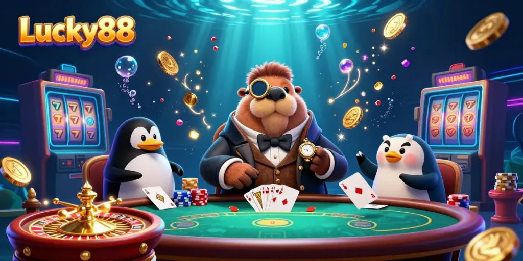 Experience the excitement at Lucky88 with a jolly walrus playing poker underwater, surrounded by dazzling treasures.