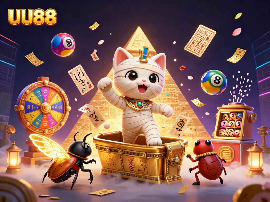 Experience thrilling wins at UU88 with a vibrant 3D casino scene featuring a mummy cat.