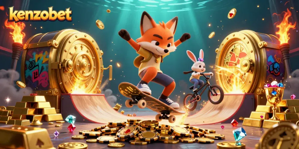 Experience the thrills of kenzobet with a lively scene featuring a skateboarder fox and BMX rabbit amidst a burst of casino symbols and treasures.