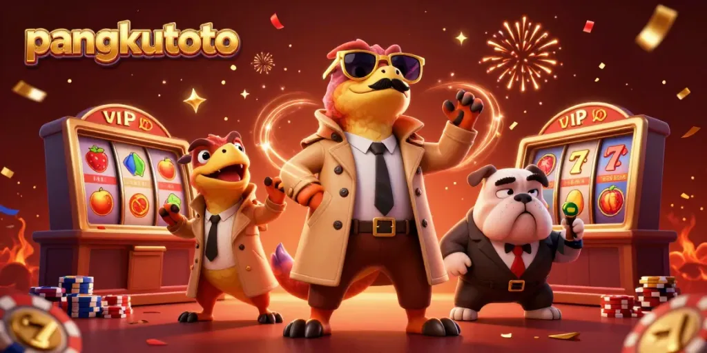 Pangkutoto menampilkan tiga raptor kartun dalam jas trench mencoba memasuki kasino VIP dengan suasana kasino yang meriah.