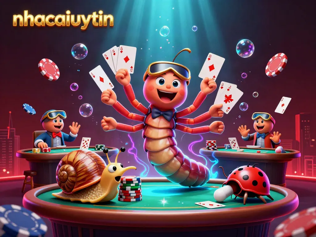 Exciting scene with nhacaiuytin characters engaging in vibrant casino action, showcasing card games.