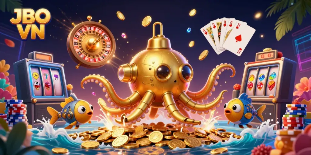 Experience JBO VN with an ultra-detailed scene of a golden kraken submarine and vibrant casino elements.