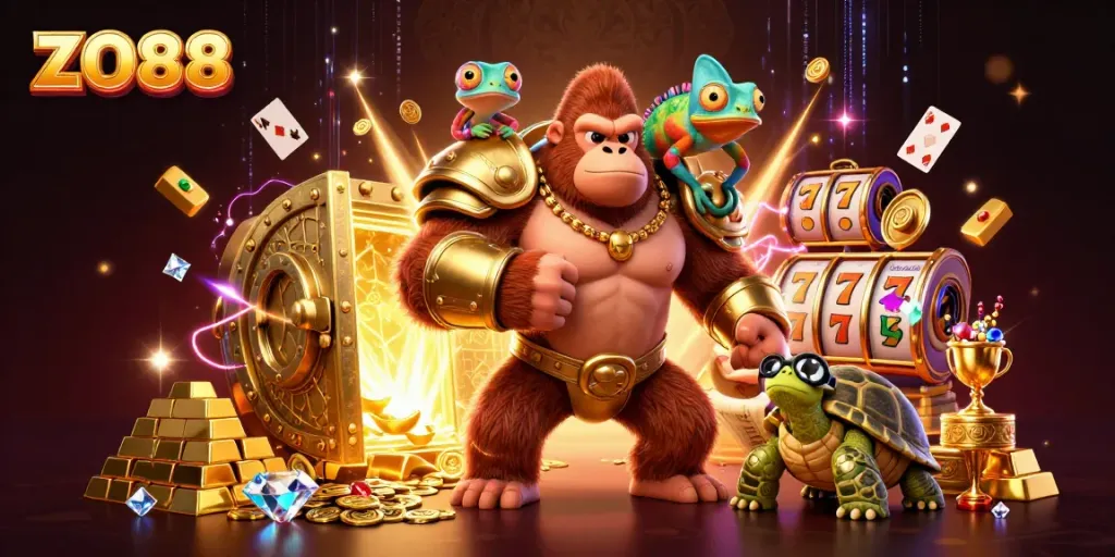 Join the ZO88 adventure with a powerful gorilla king and a wise tortoise in a vibrant casino scene.