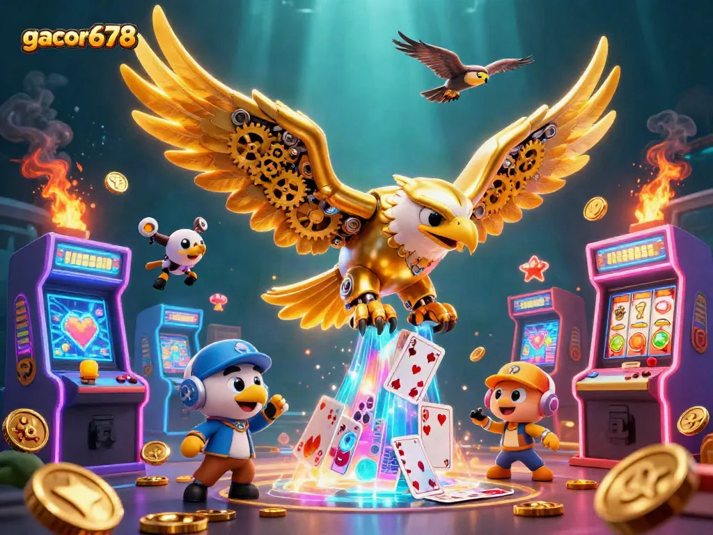 Experience gacor678 with a dynamic 3D illustration of a cybernetic eagle amidst casino elements.