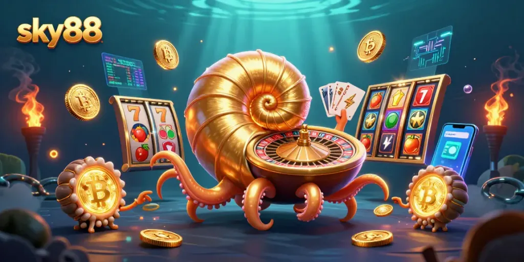 Experience the excitement at sky88 with a vibrant casino scene featuring a giant nautilus roulette wheel.