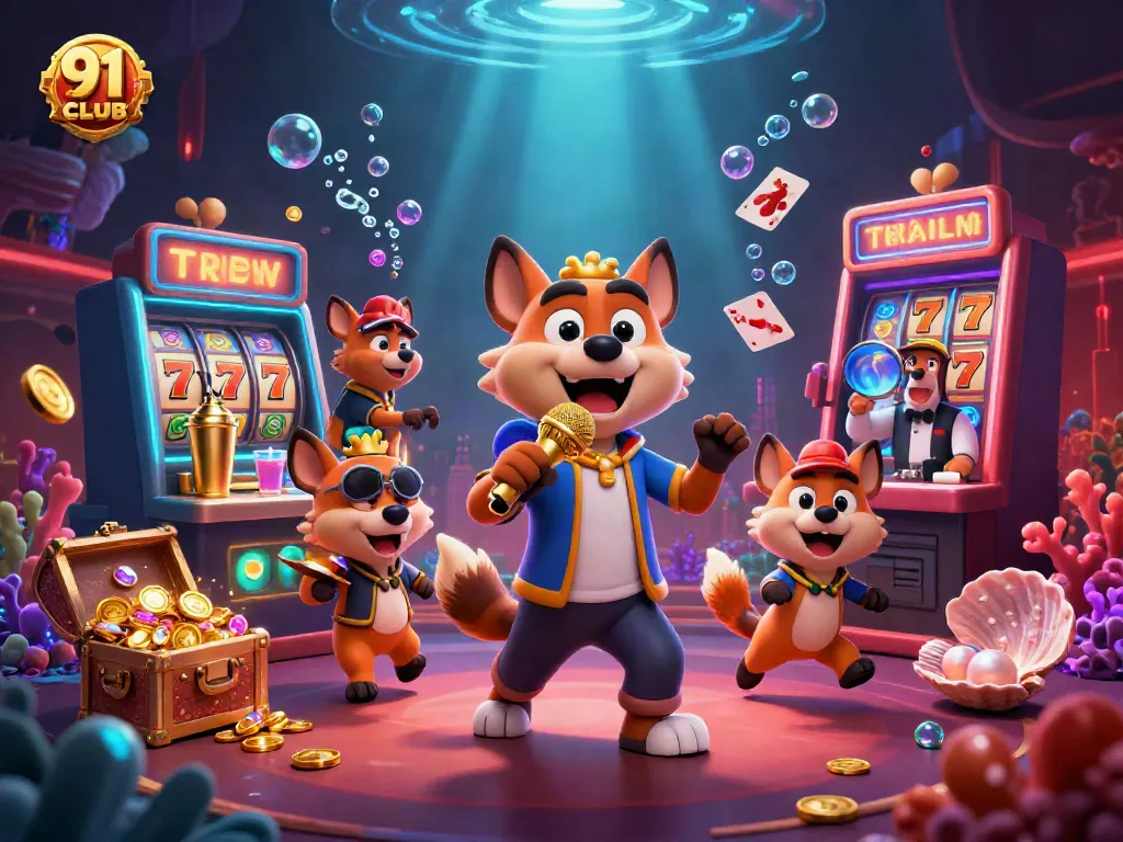Experience the vibrant energy of 91 CLUB through a comic hyena casino scene with stand-up humor and playful games.