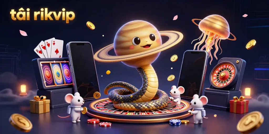 Experience the thrill of tải rikvip with a vibrant casino scene featuring a cosmic roulette wheel and betting astronaut mice.