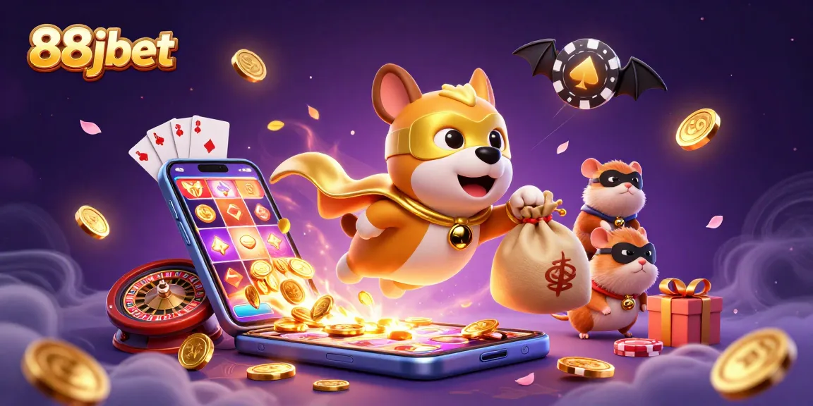 88jbet cartoon superhero dog flies with gold coins amidst vibrant casino elements.