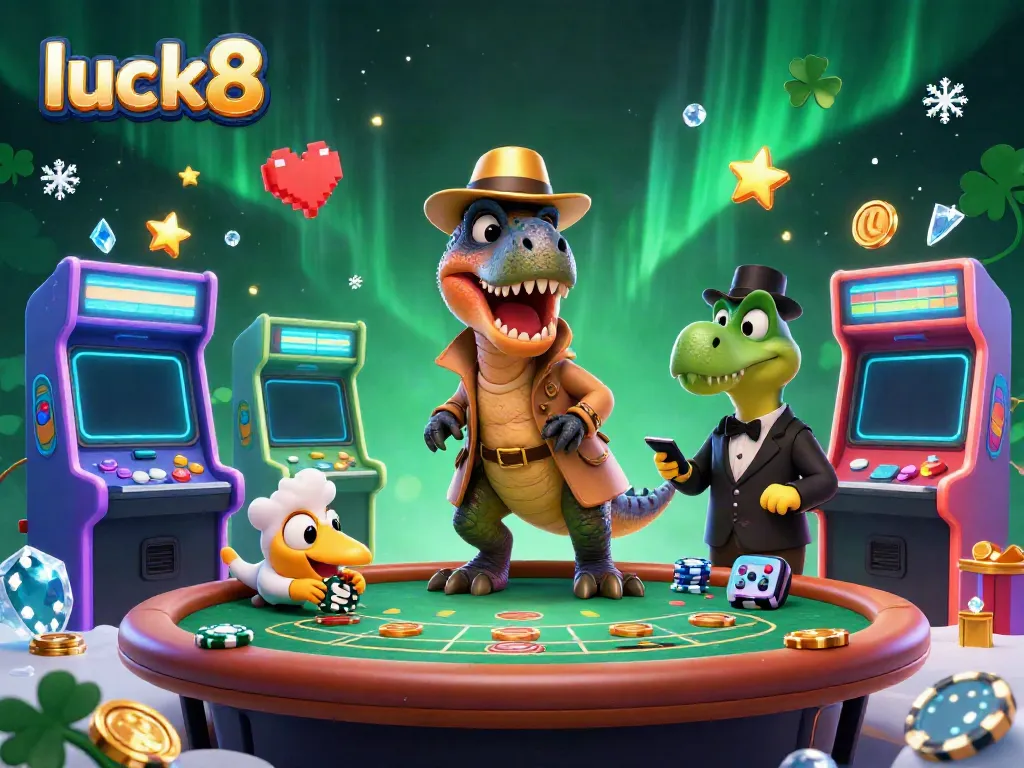 Join a velociraptor card counter at luck8's blackjack table, amidst vibrant arcade elements.