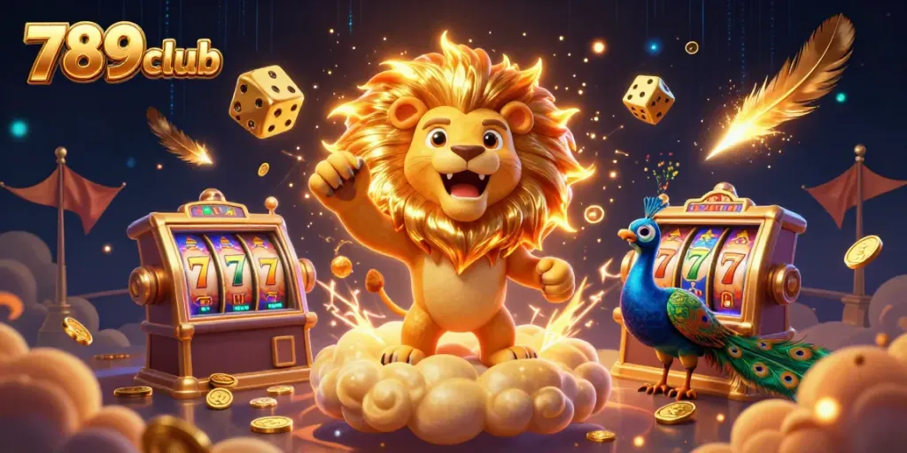 Experience thrilling 789club slots with a vibrant 3D illustration featuring lively characters and golden elements.