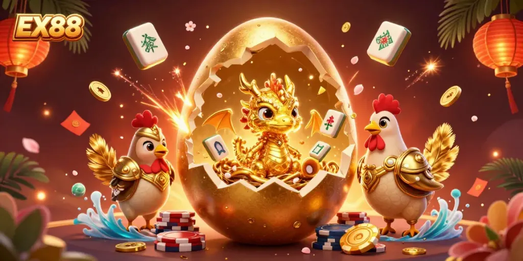 Bet on EX88's dazzling slots and jackpots with stunning golden creatures and dynamic casino elements.