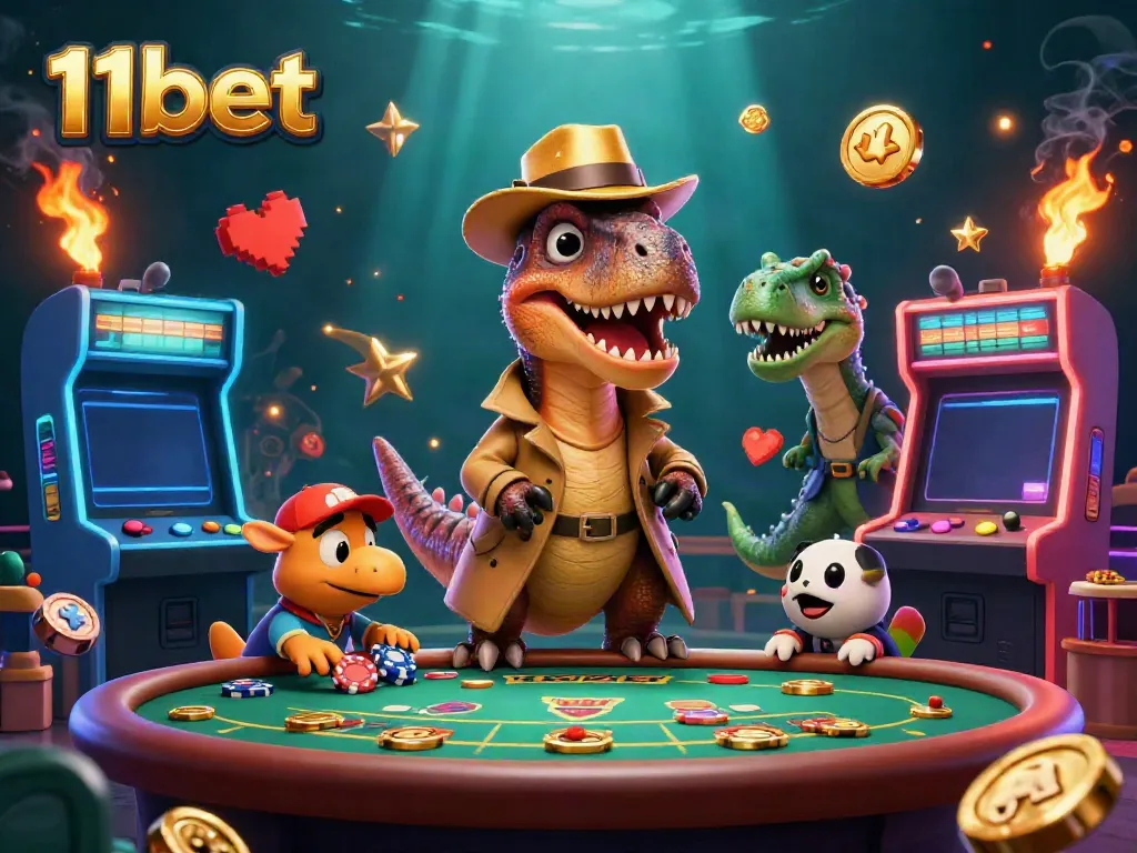 Experience the excitement of 11bet with a cartoon velociraptor at a blackjack table.