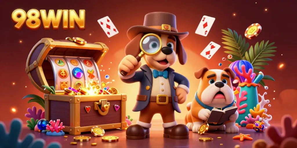 Engage with thrilling casino adventures at 98WIN, featuring detective characters exploring poker mysteries.