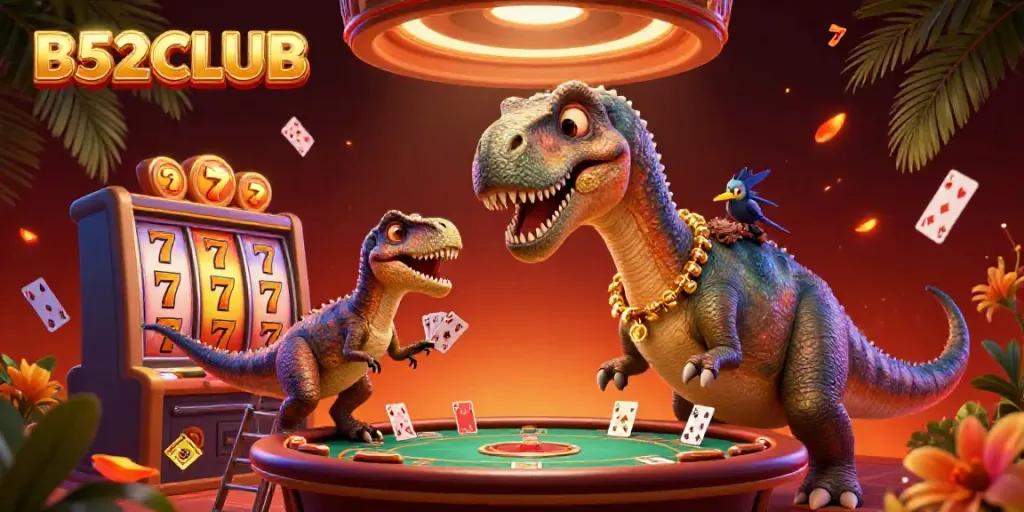 B52CLUB showcases a whimsical casino scene featuring a brontosaurus and raptor in action.