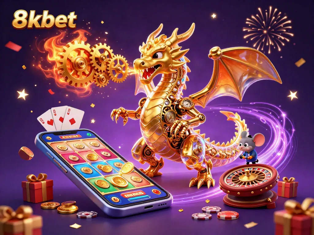8xbet showcases a vibrant 3D casino world, including a golden dragon, slot game actions, and rich gaming visuals.