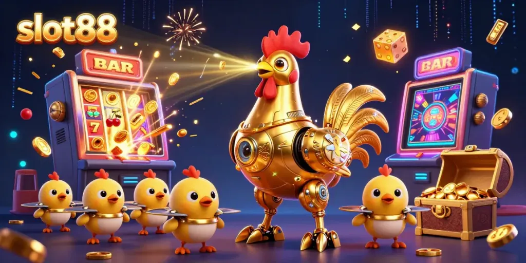 Slot88 menampilkan permainan slot dengan mesin kemewahan dan simbol keberuntungan.