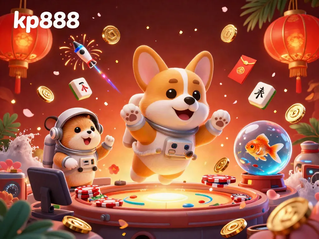 Experience the thrilling world of kp888 with a playful corgi and cosmic casino elements in this vibrant illustration.