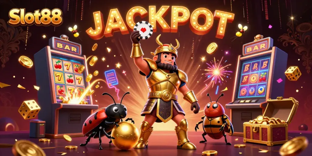 Experience the thrill of Slot88 with vibrant characters and explosive jackpots in 3D illustration.