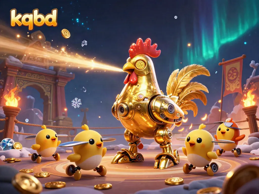 Experience kqbd's dynamic action with a retro-futuristic golden rooster battling in an epic gambling arena.