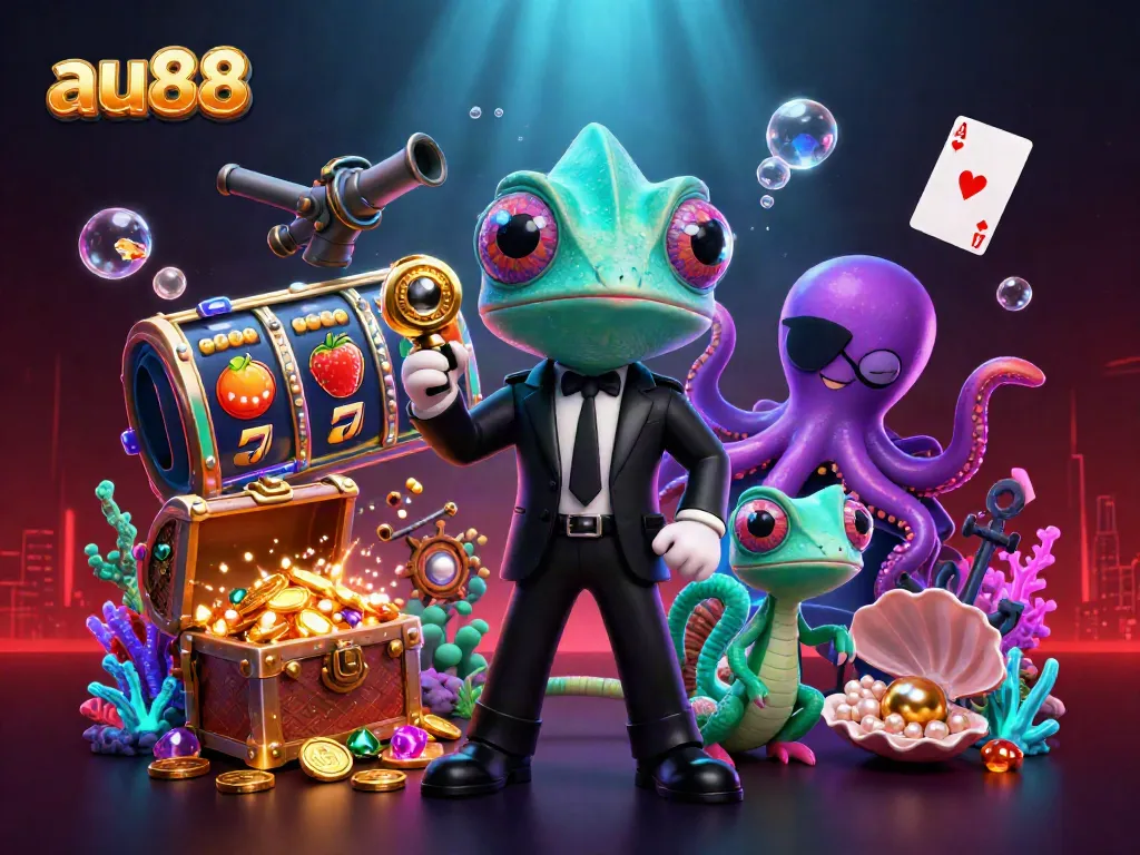 Engage in thrilling slots gameplay with au88's exciting 3D casino illustration featuring colorful characters and treasures.