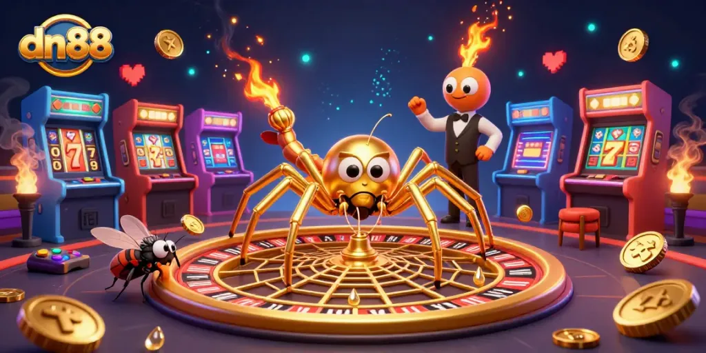 Experience gaming excitement with dn88, featuring a golden spider and colorful casino elements.