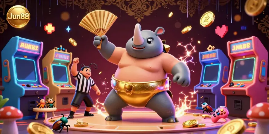 Experience the thrilling world of Jun88 with a cartoon beetle champion amidst flying coins and vibrant gaming elements