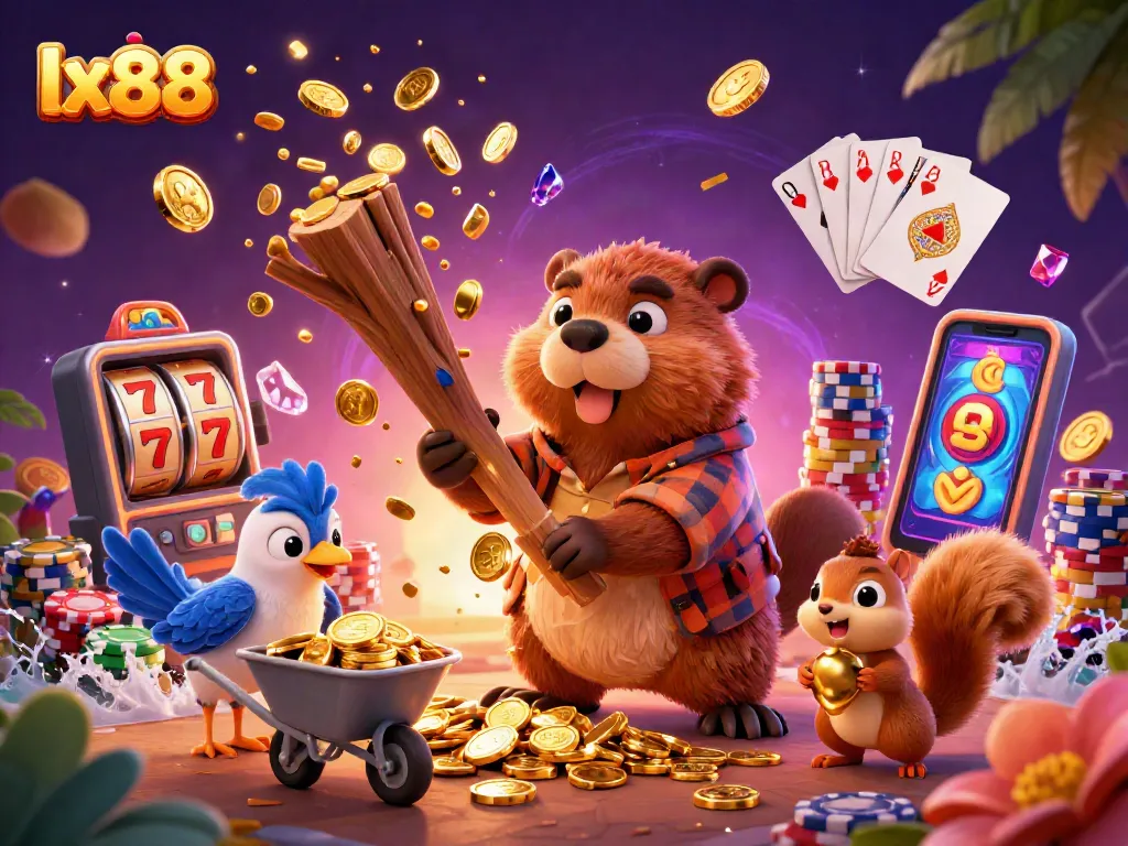 Spin and win with lx88: vibrant 3D illustration of a whimsical casino scene featuring a beaver and friends.