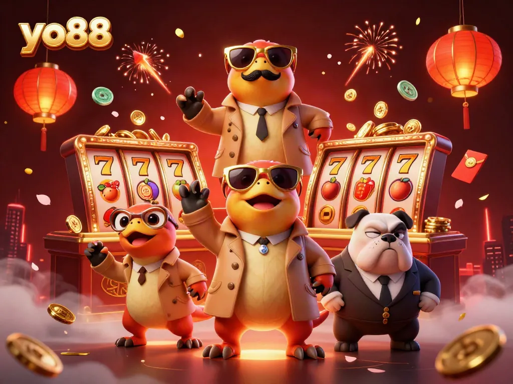 yo88 raptors humorously attempting VIP casino entry alongside jackpot symbols in a vibrant illustration