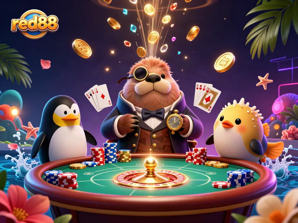 Experience the thrill of red88 with a jolly walrus, a penguin dealer, and a bluffing pufferfish at an underwater poker table amidst flying coins and gems.