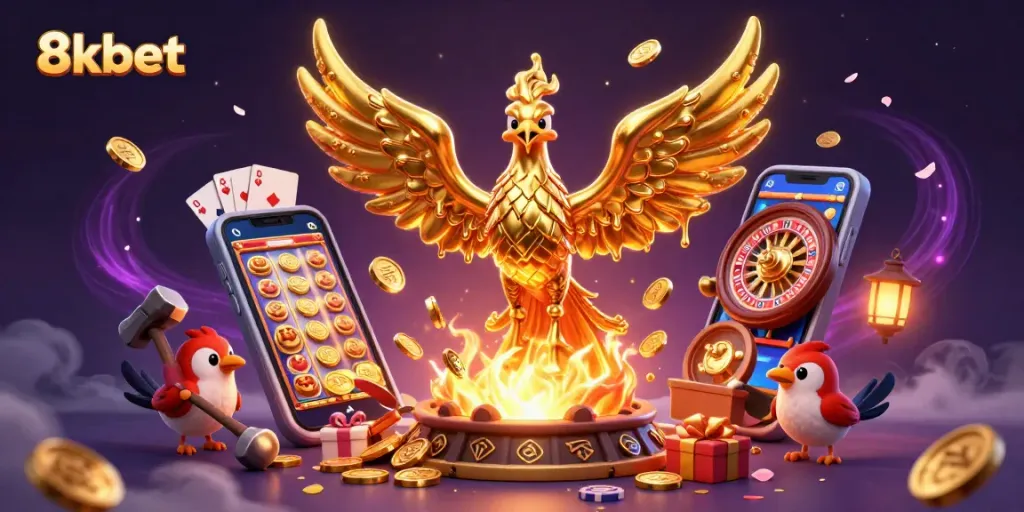 Experience thrilling gaming with 8xbet as molten gold coins cascade from a phoenix in this vibrant casino scene.