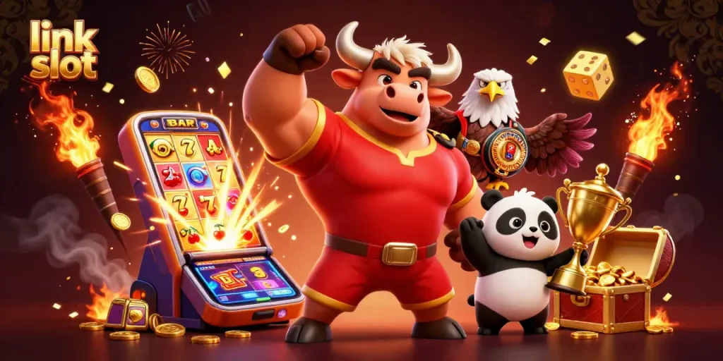Experience the thrill of link slot gaming with dynamic characters celebrating big wins in a vibrant casino scene.