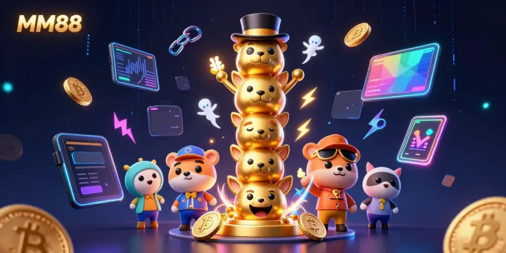 Experience the thrill of MM88 with a vibrant 3D illustration featuring iconic casino elements and cryptocurrency.