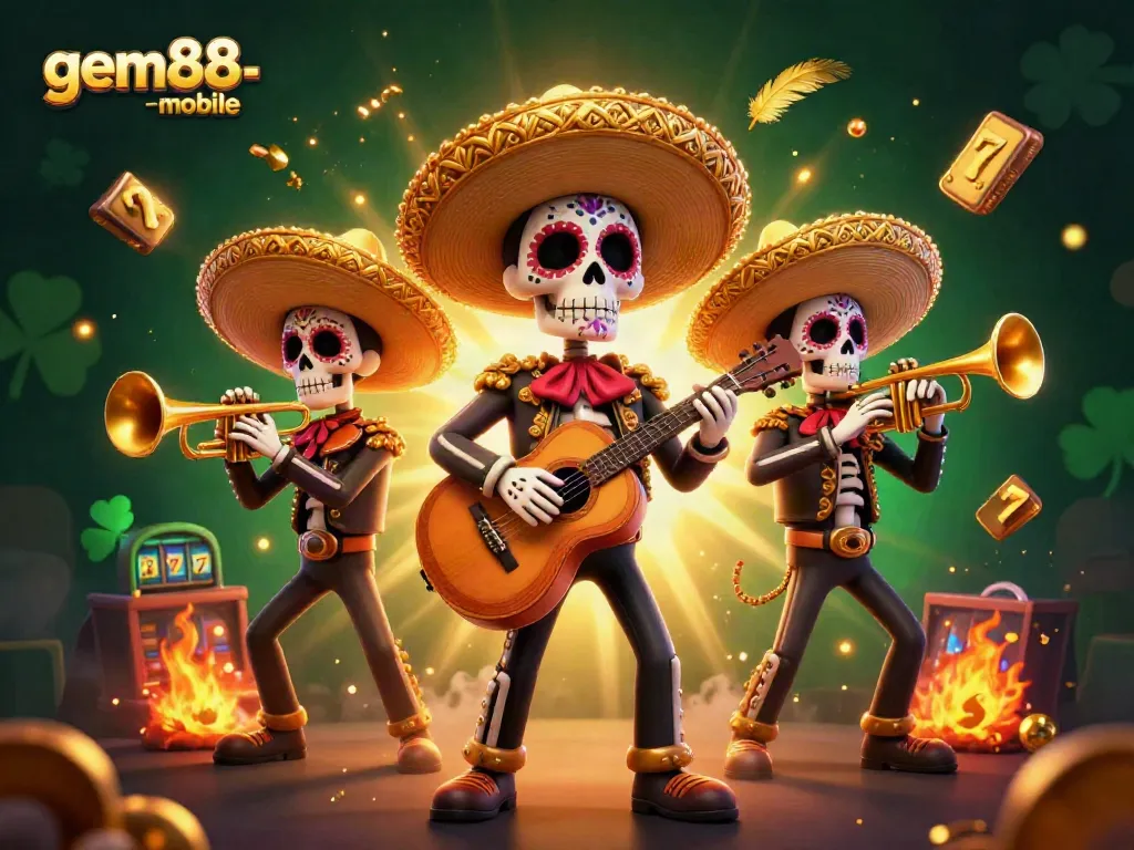 Experience the thrilling action of gem88-mobile with colorful mariachi characters amidst slot machines and gold.