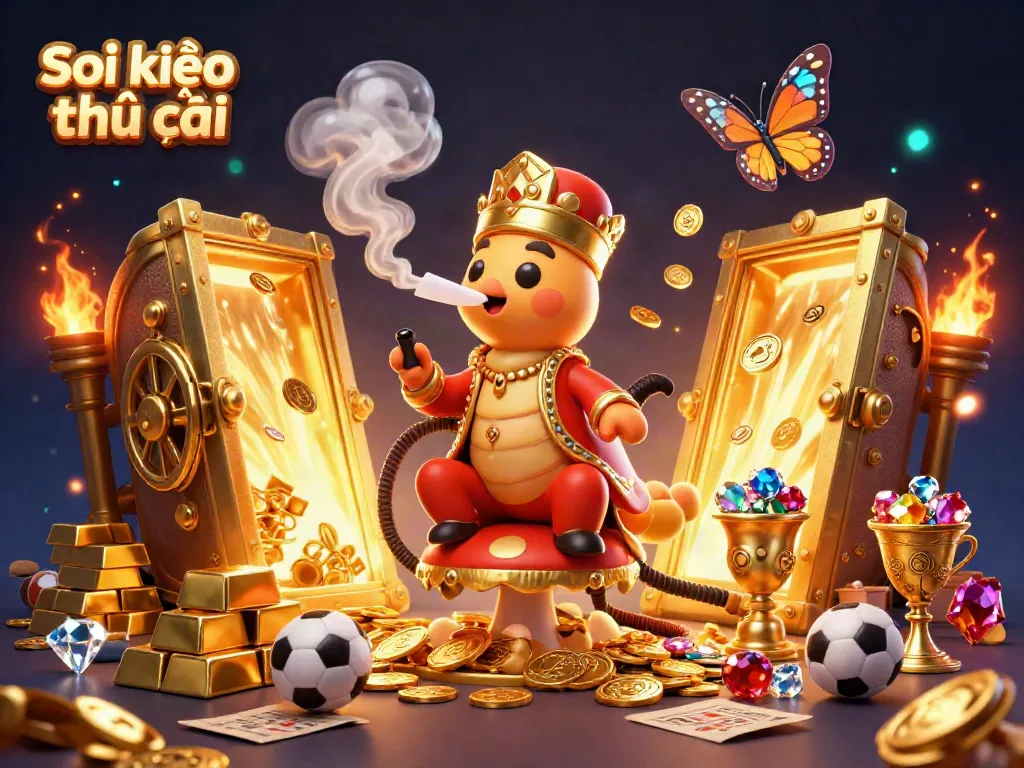 Soi kèo nhà cái offers an immersive scene filled with golden treasures and a caterpillar-themed sports betting character.