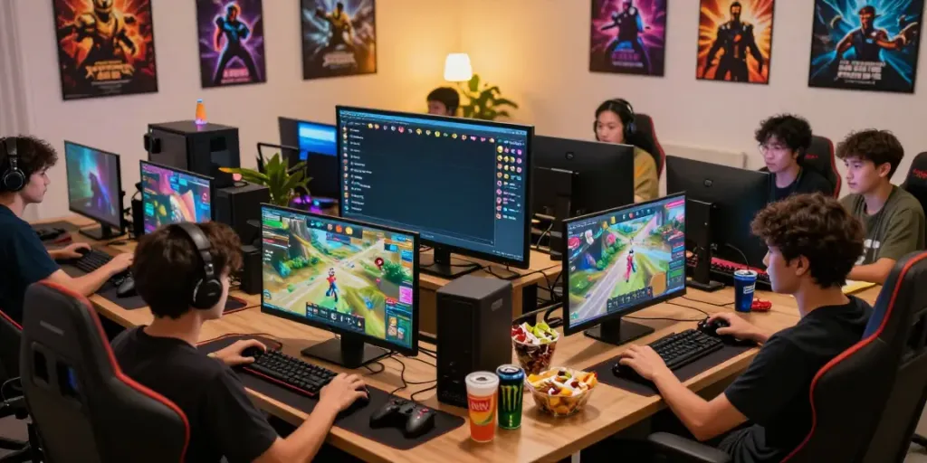 Kilat404 gaming community scene showcasing diverse gamers discussing and engaging over exciting games.