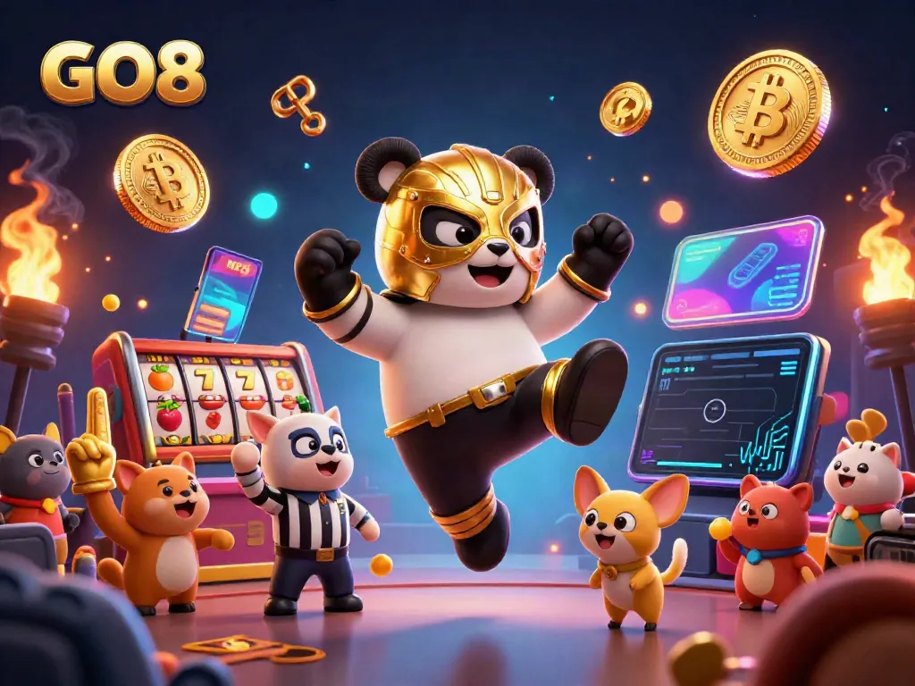 GO8 showcases an exciting casino scene with a panda wrestler in action amidst vibrant gaming elements.