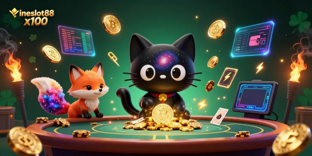 Experience the thrill at lineslot88 x100 with a cosmic casino scene featuring a black hole cat.