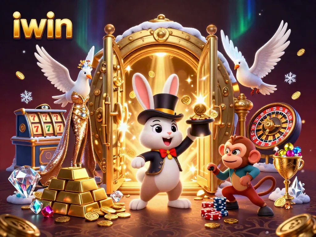iwin showcases excitement with a magical illustration of a rabbit, dove, and monkey in a casino scene.