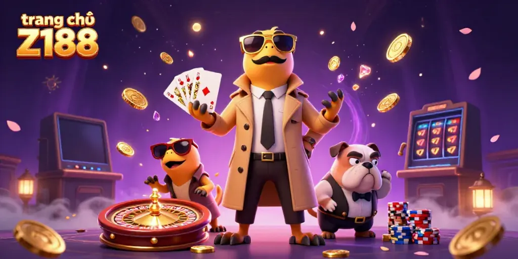 Experience excitement at trang chủ Z188 with raptors disguised for VIP casino entry amidst golden coins and vibrant game elements.