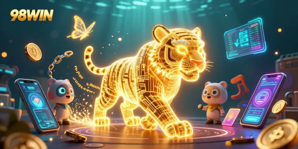 Engage in thrilling gaming with 98WIN, featuring a golden tiger in a vibrant casino scene surrounded by crypto elements.